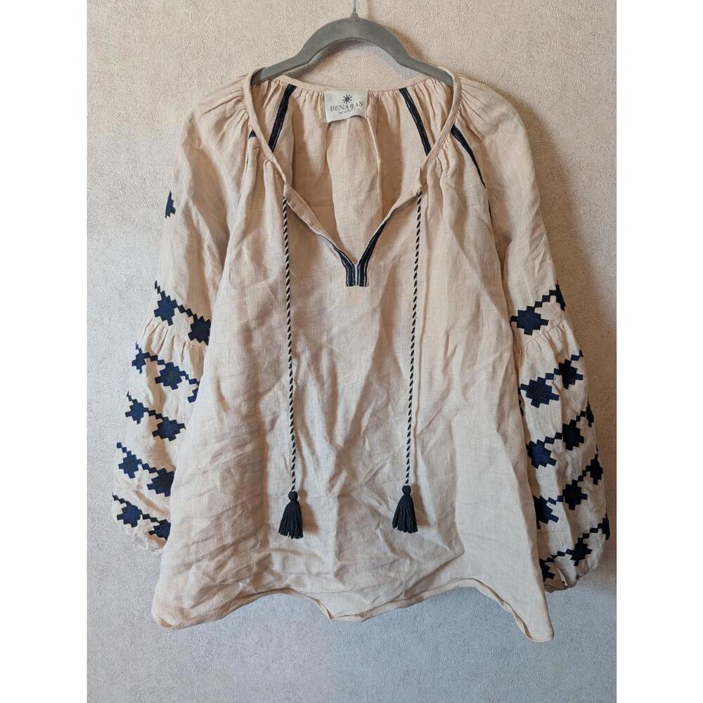 BENARAS tan and black 100% linen embroidered pattern long sleeve blouse sz S